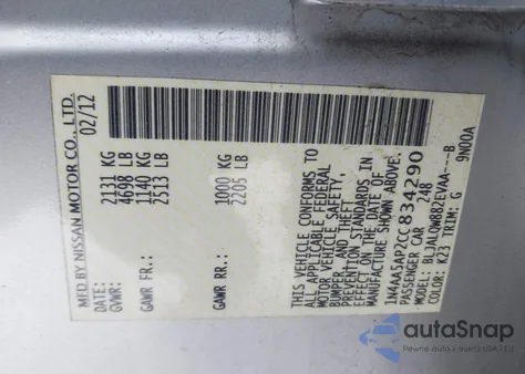 2012 Nissan Maxima 3.5 S z USA, uszkodzony, nr VIN 1N4AA5AP2CC834290